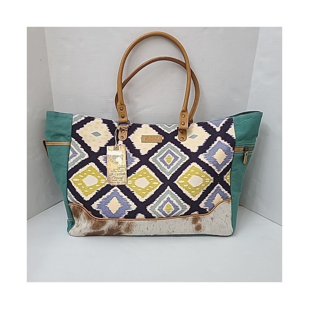New Sixtease Tote Weekender Bag Leather Canvas Boho Southwestern Multi Textures
